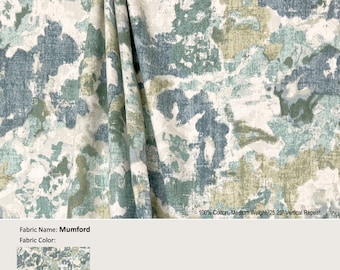 Mumford; Color Edén; Azul verdoso acuarela; Cortina de algodón, cenefa; Ancho y largo extra, plisada, panel de cortina forrado disponible como mejora