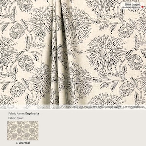 Euphrasia; Color Charcoal; Floral Toile Natural Beige; Cotton Blend Curtain, Valance; Pleated, Lined Drapery Panel offered as upgrades