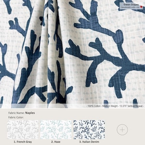 Naples; 4 Colors; Coral Tree Branches Natural Beach; Cotton Curtain, Valance; Extra width, Pleated, Lined Drapery Panel offered as upgrades