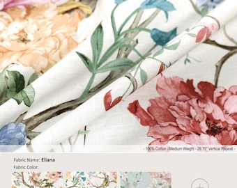 Eliana; 4 Colors; Floral Rose Bird Butterfly; Cotton Curtain, Valance; Extra width & Length, Pleated, Lined Drapery Panel offered as upgrade