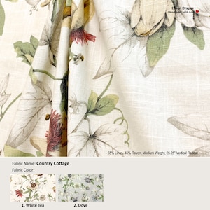 Landelijk huisje; 2 kleuren; Aquarel bloem bloemen Lottie Garden ivoorgrijs; Gordijn van linnenmix; Geplooide, gevoerde draperie aangeboden als upgrade