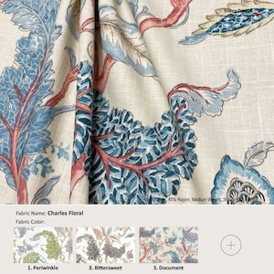 Charles Floral; 4 Colors; Jacobean Flower Beige Brown Blue; Linen Blend Curtain, Valance; Pleated, Lined Drapery Panel offered as upgrades
