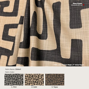 Zuberi; 3 Colors Flint Gobi Topaz; Tribal Totem Abstract; Cotton Curtain, Valance; Pleated, Lined Drapery Panel offered as upgrades