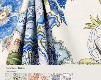 Kosovo; Color Seagull; Jacobean Floral; Cotton Curtain, Valance; Drapery Panel