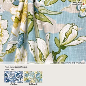 廬山ガーデン、2色、シノワズリ花鳥フェニックスブルー、コットンカーテン、バランス、プリーツ、裏地付きドレープパネルはアップグレードとして提供