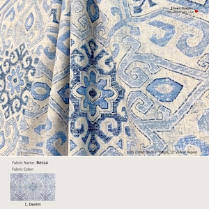May include: A close-up of a white and blue patterned fabric with a geometric design. The fabric is called "Becca" and the color is "Denim". The fabric is 100% cotton, medium weight, and has a 13-inch vertical repeat.