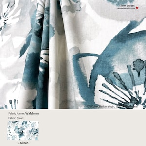 Waldman; Color Ocean; Watercolor Floral Flower Blue Slate Gray; Cotton Curtain, Valance; Pleated, Lined Drapery Panel offered as upgrades