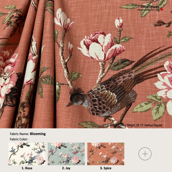 Blooming; 4 Colors; Bird Flower Floral Rose; Cotton Curtain, Valance; Pleated, Lined Drapery Panel offered as upgrades