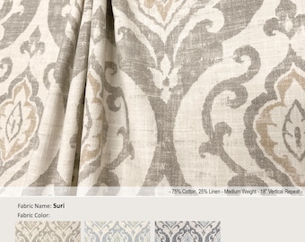 Suri; 3 Colors Raffia Slate Serenity; Floral Lotus Damask Arryanna; Linen Blend Curtain, Valance; Pleated, Lined Drapery offered as upgrades
