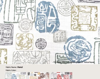 Hanzi; 3 kleuren; Chinoiserie toilet; Gordijn van katoenmix, volant; Extra breedte en lengte, geplooid, gevoerd draperiepaneel aangeboden als upgrades