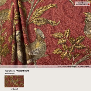 Fasanenjagd; Farbe Garnet; Vintage Vögel Florales Erbe Rot; Vorhang, Volant aus Baumwolle; Gefaltetes, gefüttertes Vorhangpanel, das als Upgrade angeboten wird