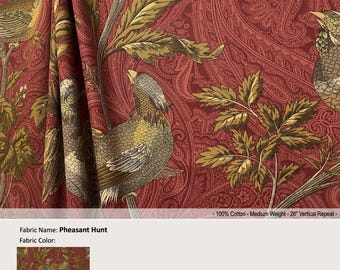 Pheasant Hunt; Color Garnet; Vintage Birds Floral Heritage Red; Cotton Curtain, Valance; Pleated, Lined Drapery Panel offered as upgrades