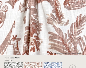 Meru; 4 Colors; Safari Animal Toile Giraffe Elephant Zebra White; Cotton Curtain, Valance; Pleated, Lined Drapery Panel offered as upgrades