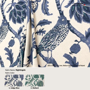Nightingale; 2 Colors; Jacobean Floral Bird Owl; Linen Blend Curtain, Valance; Extra width, Pleated, Lined Drapery Panel offered as upgrades