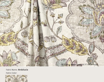 Andalucia; Color Mist; Jacobean Floral Flower Gray Yellow Beige; Cotton Curtain, Valance; Pleated, Lined Drapery Panel offered as upgrades