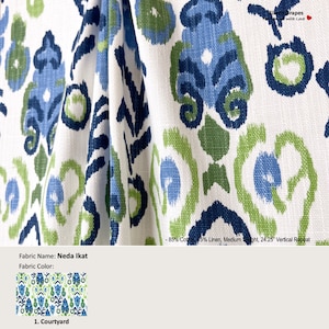 Neda Ikat; Color Courtyard; Abstract Blue Green White; Cotton Curtain, Valance; Extra width, Pleated, Lined Drapery Panel offered as upgrade