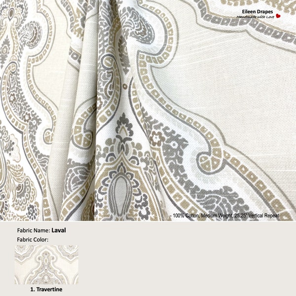 Laval; Color Travertine; Damask Paisley Beige White Cream Royal; Cotton Curtain, Valance; Pleated, Lined Drapery Panel offered as upgrades