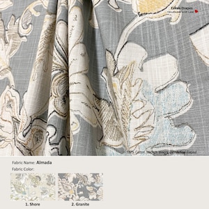 Almada; 2 Colors; Abstract Jacobean Floral Flower Gray Ivory Green; Cotton Curtain, Valance; Pleated, Lined Drapery Panel offered as upgrade