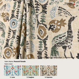 Peacock Parade; 3 Colors; Bird Flower Floral; Linen Blend Curtain, Valance; Extra width, Pleated, Lined Drapery Panel offered as upgrade