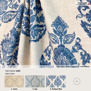 Lydia; 4 Colors; Damask Medallion Kavi Blue Floral; Cotton Curtain, Valance; Extra width, Pleated, Lined Drapery Panel offered as upgrades