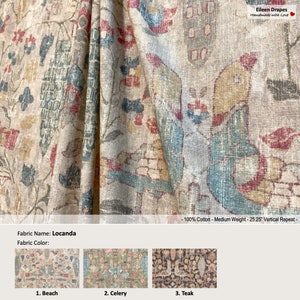 Locanda; 3 Colors Beach Celery Teak; Bird Floral Vintage Damask Toile; Cotton Curtain, Valance; Pleated, Lined Drapery offered as upgrades