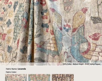 Locanda; 3 Colors Beach Celery Teak; Bird Floral Vintage Damask Toile; Cotton Curtain, Valance; Pleated, Lined Drapery offered as upgrades