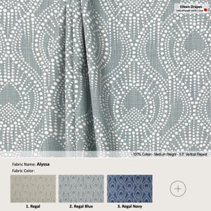 Alyssa; 4 Colors Regal Blue Navy Scarlet; Lattice Ogee Scrolling Dots; Cotton Curtain, Valance; Pleated, Lined Drapery offered as upgrades