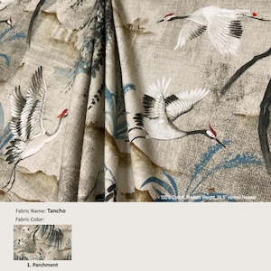 Tancho; Color Parchment; Asian Toile Hills Crane Bird Cream Beige; Cotton Curtain, Valance; Pleated, Lined Drapery Panel offered as upgrades