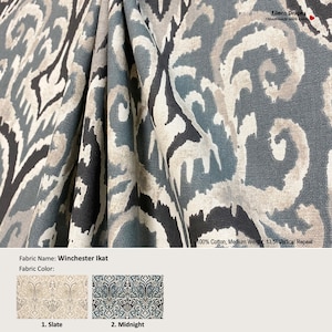 Winchester Ikat; 2 Colors; Modern Geometric Blue Black Grey Beige; Cotton Curtain, Valance; Pleated, Lined Drapery Panel offered as upgrades