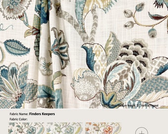 Finders Keepers; 4 Colors French Blue Peacock Spice; Jacobean Floral Flower; Cotton Curtain; Pleated, Lined Drapery offered as upgrades