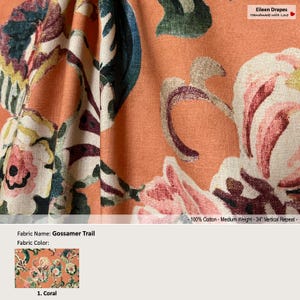 Gossamer Trail; Color Coral; Watercolor Floral Flower; Cotton Curtain, Valance; Extra wide, Pleated, Lined Drapery Panel offered as upgrades