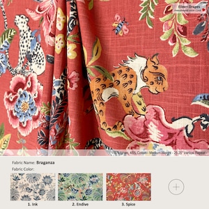 Braganza; 5 Colors; Jacobean Floral Tiger leopard Red Blue; Linen Blend Curtain, Valance; Pleated, Lined Drapery Panel offered as upgrades