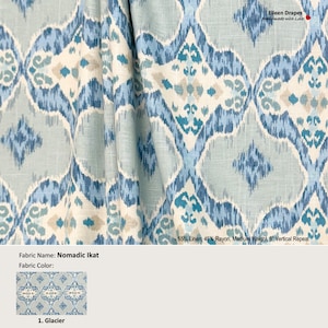 Nomadic Ikat; Color Glacier; Trellis Lattice Blue Green; Linen Blend Curtain, Valance; Pleated, Lined Drapery Panel offered as upgrades