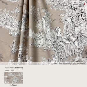 Pastorale; Color Taupe; French Toile Farm Garden Country Vintage; Cotton Curtain, Valance; Pleated, Lined Drapery Panel offered as upgrades