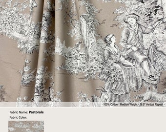 Pastorale; Color Taupe; French Toile Farm Garden Country Vintage; Cotton Curtain, Valance; Pleated, Lined Drapery Panel offered as upgrades