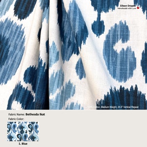 Bethesda Ikat; Color Blue; Geometric Abstract; Cotton Curtain, Valance; Extra width, Pleated, Lined Drapery Panel offered as upgrades