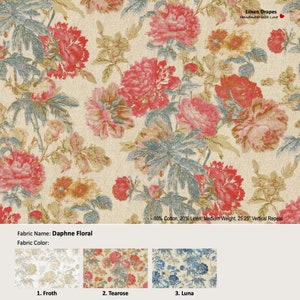 Daphne Floral; 3 Colors; Floral Flower; Cotton Blend Curtain, Valance; Extra width & Length, Pleated, Lined Drapery Panel offered as upgrade