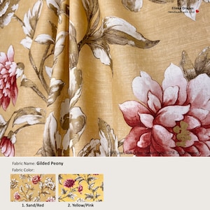 Gilded Peony; 2 Colors; Floral Flower Rose Yellow Gold Pink; Linen Blend Curtain, Valance; Pleated, Lined Drapery Panel offered as upgrades