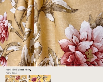 Gilded Peony; 2 Colors; Floral Flower Rose Yellow Gold Pink; Linen Blend Curtain, Valance; Pleated, Lined Drapery Panel offered as upgrades