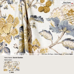 May include: Close-up of a fabric swatch with a floral pattern in shades of blue, yellow, and brown on a white background. The fabric is called "Secret Garden" and the color is "Mist". The fabric is 55% linen and 45% rayon, medium weight, and has a 27-inch vertical repeat.