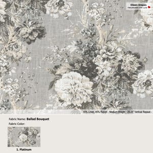 Balladen-Blumenstrauß; Farbe Platin; Vintage Blumen Grau; Leinenmischung Vorhang, Volant; Gefaltetes, gefüttertes Vorhangpanel, das als Upgrade angeboten wird