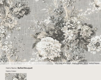 Balladen-Blumenstrauß; Farbe Platin; Vintage Blumen Grau; Leinenmischung Vorhang, Volant; Gefaltetes, gefüttertes Vorhangpanel, das als Upgrade angeboten wird