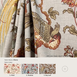 Olana; 4 Colors; Bird Phoenix Floral Flower; Cotton Curtain, Valance; Extra width & Length, Pleated, Lined Drapery Panel offered as upgrades