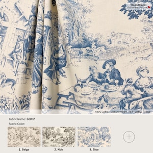 Festin; 4 Colors; Vintage Victorian French Country Toile Beige; Cotton Curtain, Valance; Pleated, Lined Drapery Panel offered as upgrades