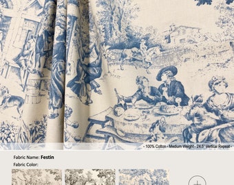 Festin; 4 Colors; Vintage Victorian French Country Toile Beige; Cotton Curtain, Valance; Pleated, Lined Drapery Panel offered as upgrades