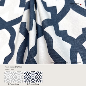 Sheffield; 2 Colors Gray Navy; Moroccan Lattice Quatrefoil; Cotton Curtain, Valance; Pleated, Lined Drapery Panel offered as upgrades