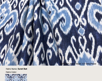 Surat Ikat; Color Blue; Kravet Indigo; Cotton Curtain, Valance; Extra width & Length, Pleated, Lined Drapery Panel offered as upgrades