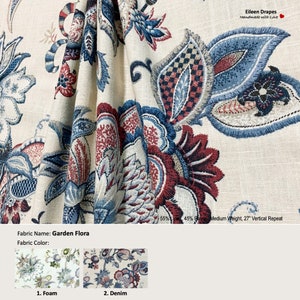 Garden Flora; 2 Colors; Jacobean Floral Flower Beige Blue; Linen Blend Curtain, Valance; Pleated, Lined Drapery Panel offered as upgrades