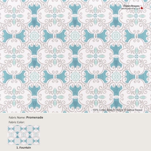 Promenade; Color Fountain; Damask Floral Teal Blue; Cotton Curtain, Valance; Extra width, Pleated, Lined Drapery Panel offered as upgrades