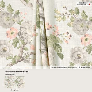 Manor House; Color Zephyr; Vintage Watercolor Floral Rose; Linen Blend Curtain, Valance; Pleated, Lined Drapery Panel offered as upgrades